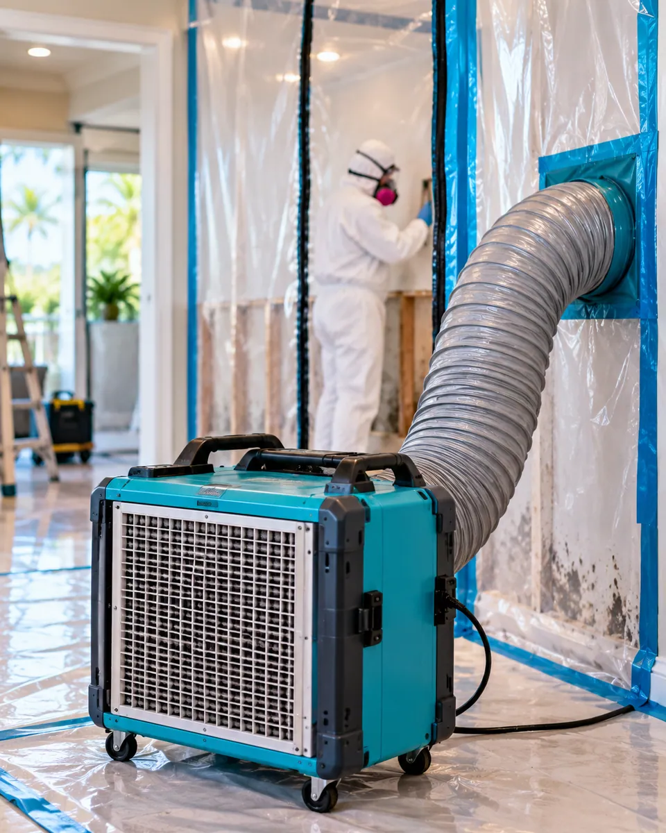 HEPA air scrubber and poly containment set up for mold remediation in Haverhill